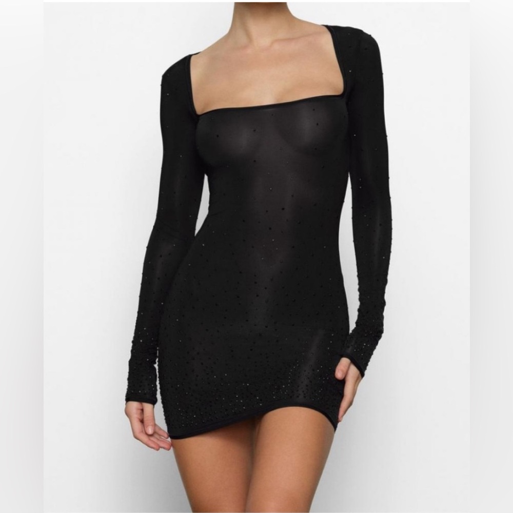 Skims Jelly Sheer Intimates Rhinestone Mini Dress RARE NWT Onyx Black